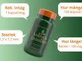 En flaska Ashwagandha med 100 kapslar. Rekommenderat intag är 1 kapsel/dag, vilket räcker i 100 dagar. Frågan "hur mycket ashwagandha per dag" besvaras med 1 kapsel.