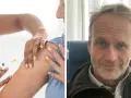 En person får ett mrna vaccin i armen. Till höger en man som ler mot kameran.