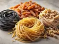 En hög med olika sorters pasta: svarta tagliatelle, gyllene tagliatelle, penne och fusilli. En härlig blandning som visar vad som kan finnas i pasta.