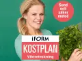 Glad kvinna med färska grönsaker, redo för en gratis kostschema gå ner i vikt. "Sund och säker metod" står det i en röd cirkel.