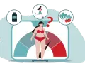 Illustration visar en person på en våg, med ikoner för kosttillskott, löpning och grönsaker. Frågetecken antyder funderingar kring lchf viktnedgång per vecka.