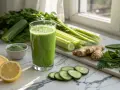 Grönt, uppfriskande juiceglas med gurka, selleri, citron och ingefära. Ingredienser för en naturlig detox för en rena levern naturligt.
