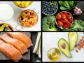 En samling livsmedel som utgör grunden för antiinflammatorisk kost: lax, bär, grönsaker, nötter och hälsosamma fetter.