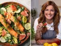 En kvinna med jordgubbe i handen och en fräsch lax- och avokadosallad. Recept för att gå ner 2 kg i veckan.