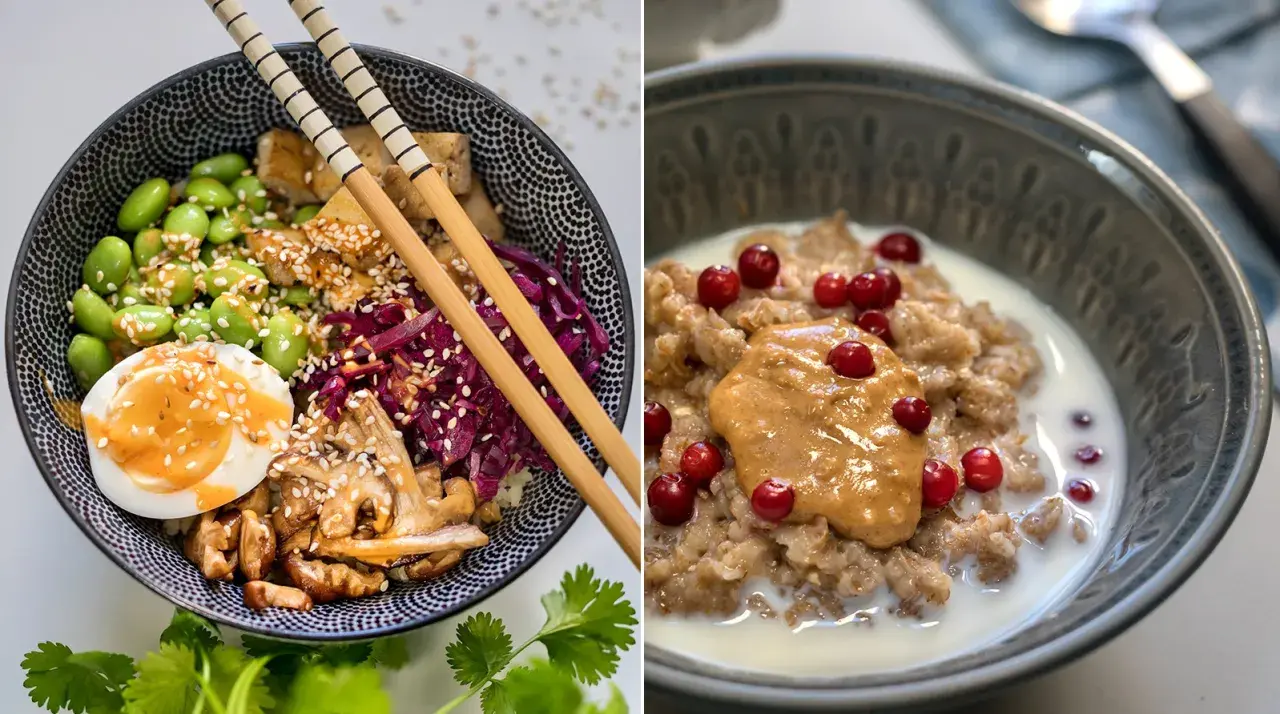 Två skålar med fiberrik mat: en poké bowl med tofu, edamame och ägg, samt gröt med lingon och jordnötssmör.