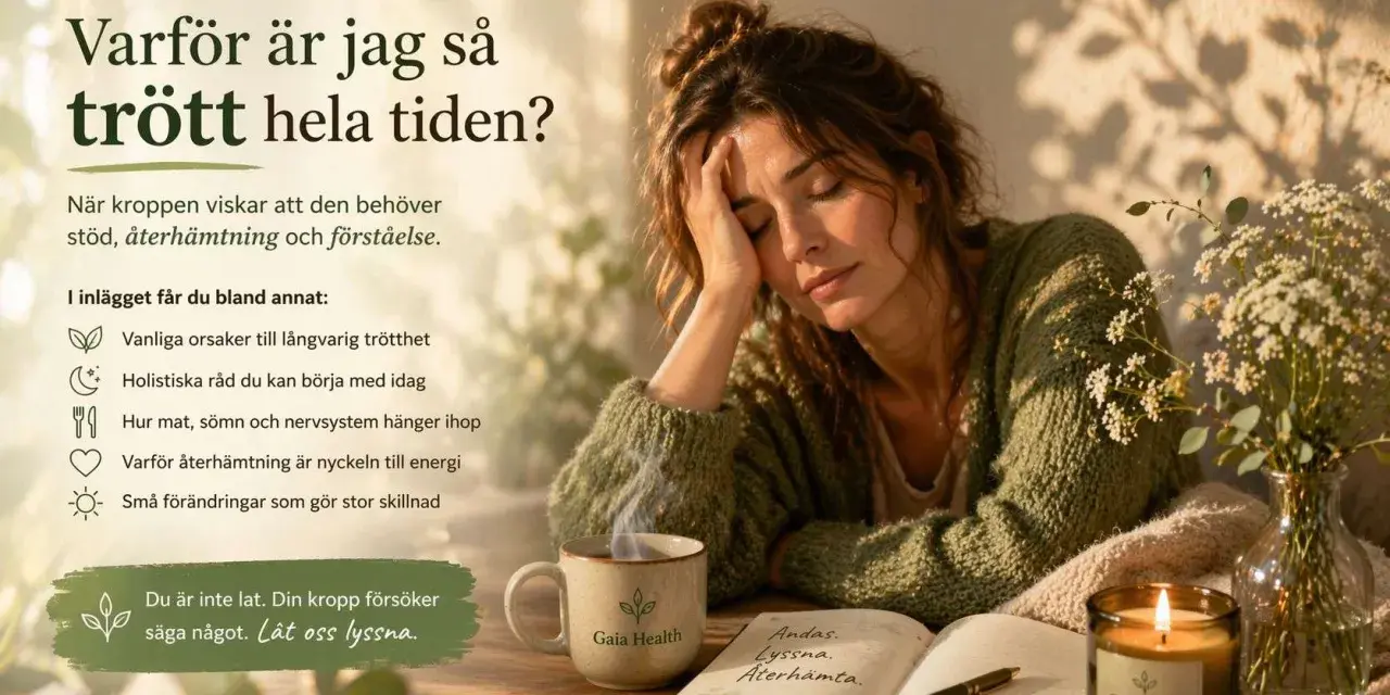 Kvinna med trötthetssymptom, en kopp te och en bok om återhämtning. Lär dig hur du får mer bra energi.