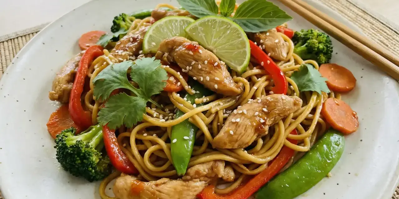 En läcker kycklingwok med vitkål, nudlar, broccoli, morötter, paprika och sockerärtor, toppad med sesamfrön och lime.