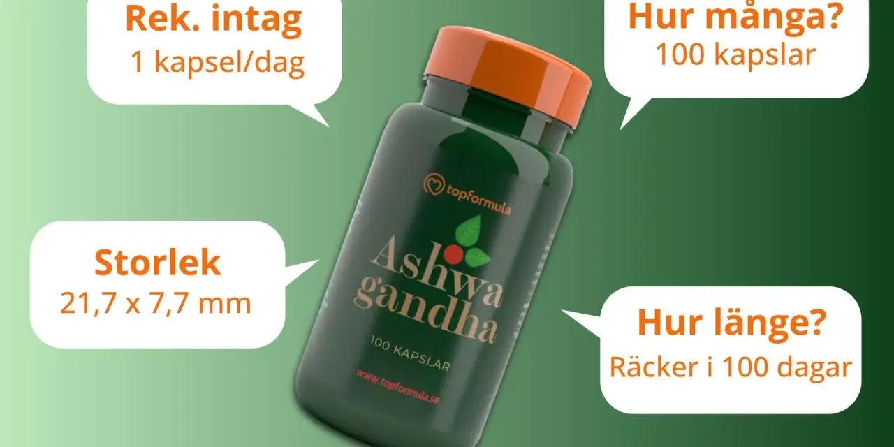En flaska Ashwagandha med 100 kapslar. Rekommenderat intag är 1 kapsel/dag, vilket räcker i 100 dagar. Frågan "hur mycket ashwagandha per dag" besvaras med 1 kapsel.