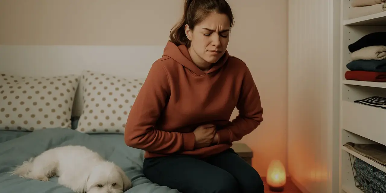 En ung kvinna sitter på sängen med ett **sug i magen**, hennes lilla vita hund vilar bredvid.