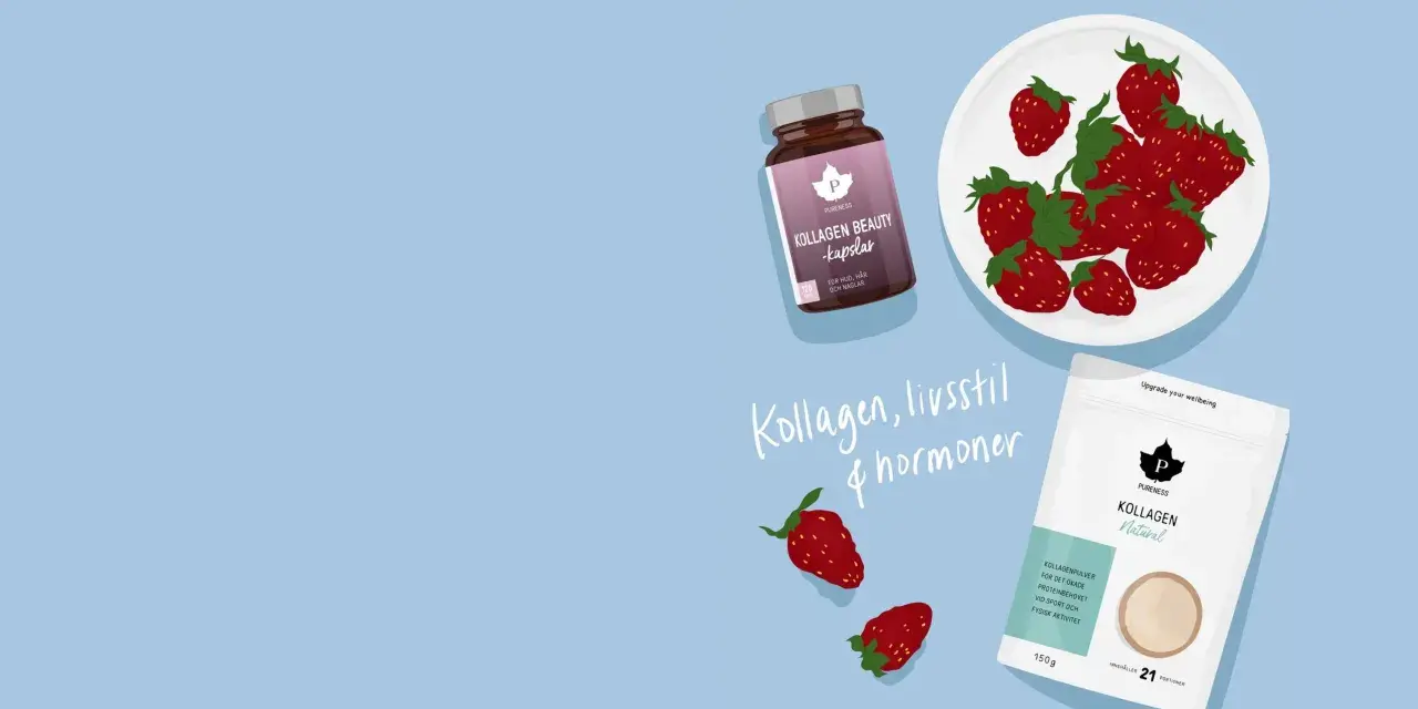 Kollagen, livsstil & hormoner. Pureness Kollagen Beauty-kapslar och kollagenpulver, med jordgubbar. Vad innehåller kollagen? Detta är ett kosttillskott för hud, hår och naglar.