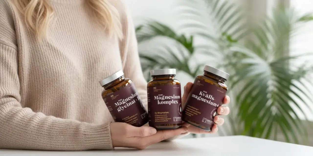 Person håller tre burkar magnesiumtillskott. Kan hjälpa mot bland annat magnesium illamående.