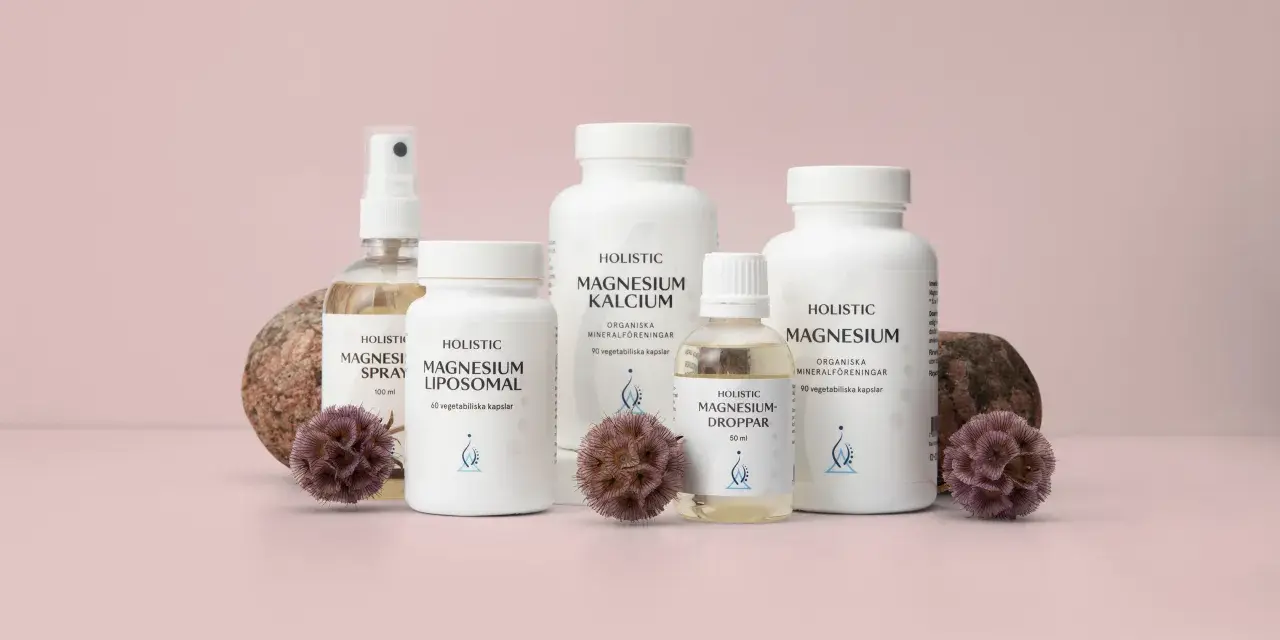 Flera produkter från Holistic, inklusive magnesiumolja, med fokus på att undvika magnesiumolja biverkningar.