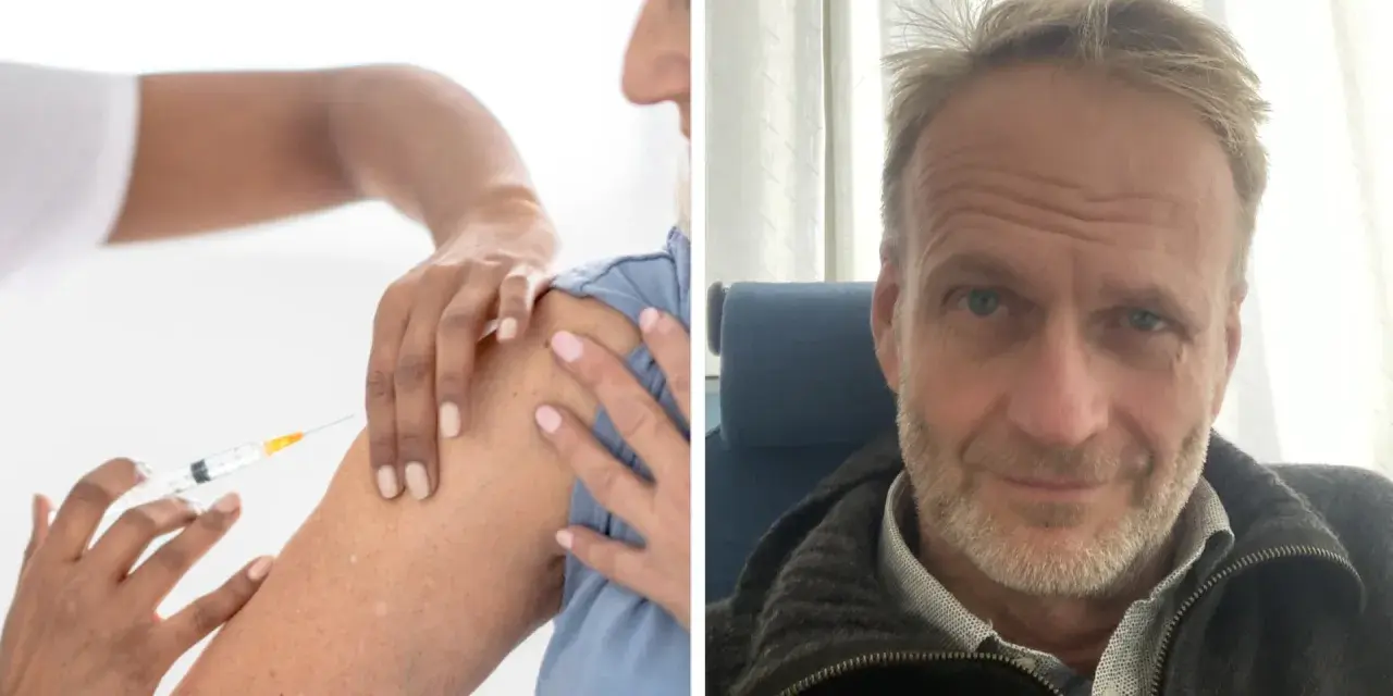 En person får ett mrna vaccin i armen. Till höger en man som ler mot kameran.