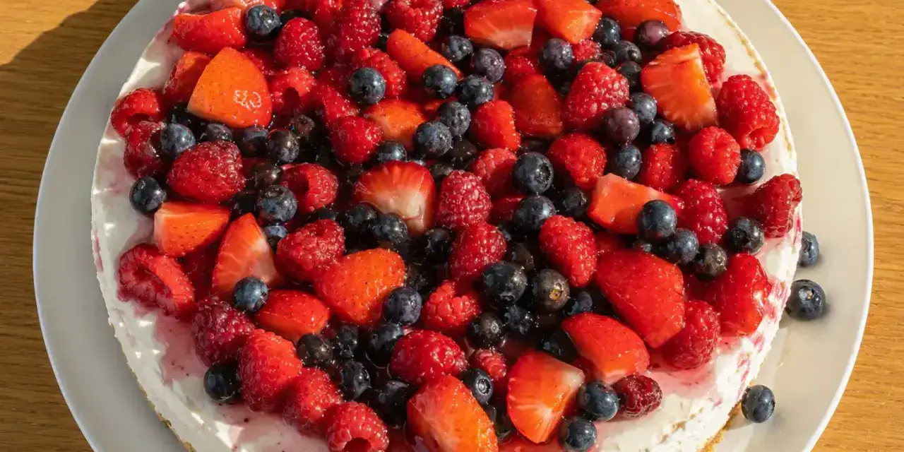 En vacker och nyttig cheesecake toppad med färska jordgubbar, hallon och blåbär. En härlig sommardessert!
