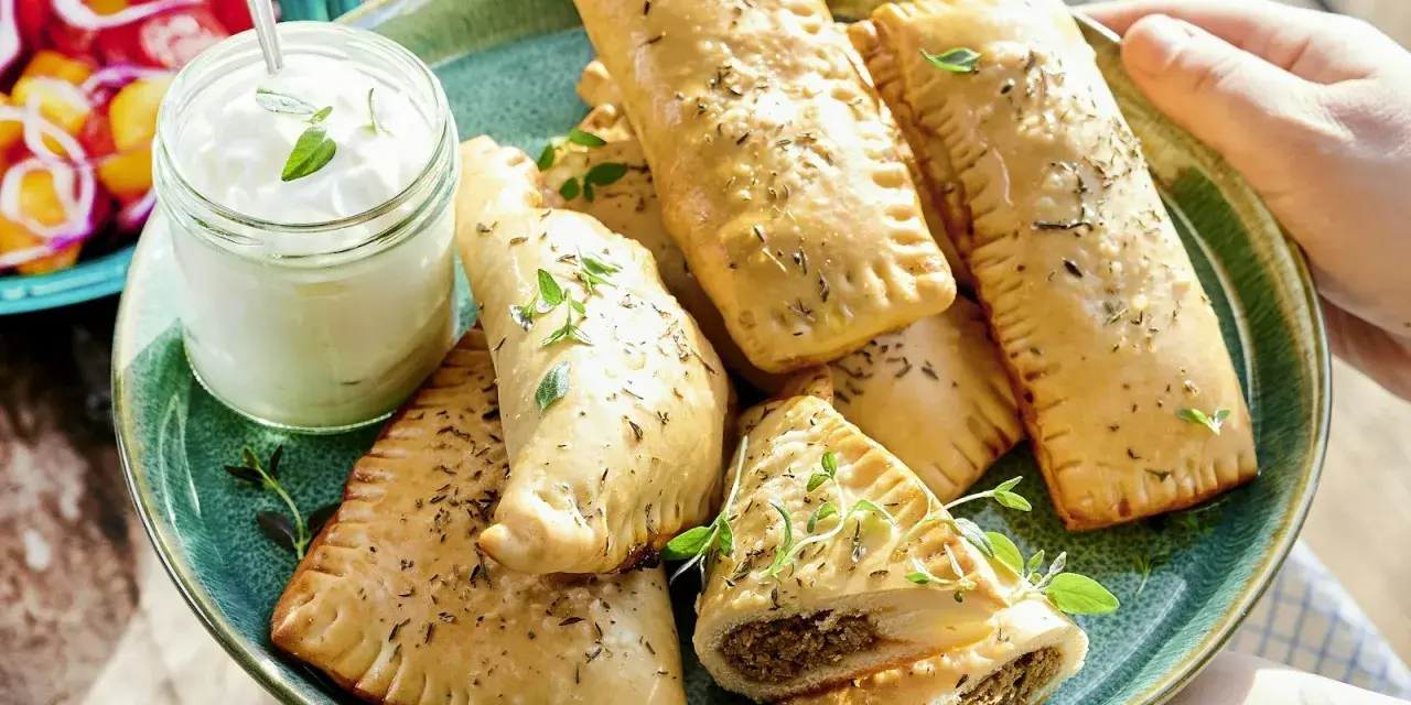 En tallrik med gyllene piroger, perfekta som mellanmål för barn. Serveras med en klick krämig dipp och färska örter.