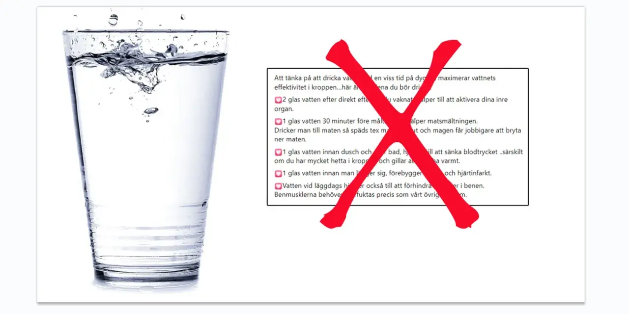 Ett glas vatten med plask. Texten bredvid ger tips om hur mycket vatten man ska dricka per dag för olika tillfällen.