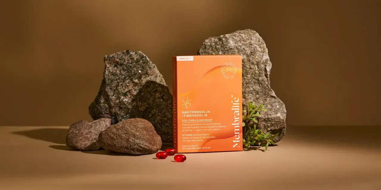 Havtornsolja för underlivet, i en förpackning med Omega 7. Naturlig hjälp för torra slemhinnor.