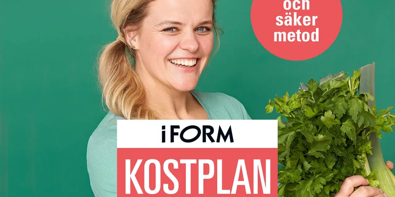 Glad kvinna med färska grönsaker, redo för en gratis kostschema gå ner i vikt. "Sund och säker metod" står det i en röd cirkel.