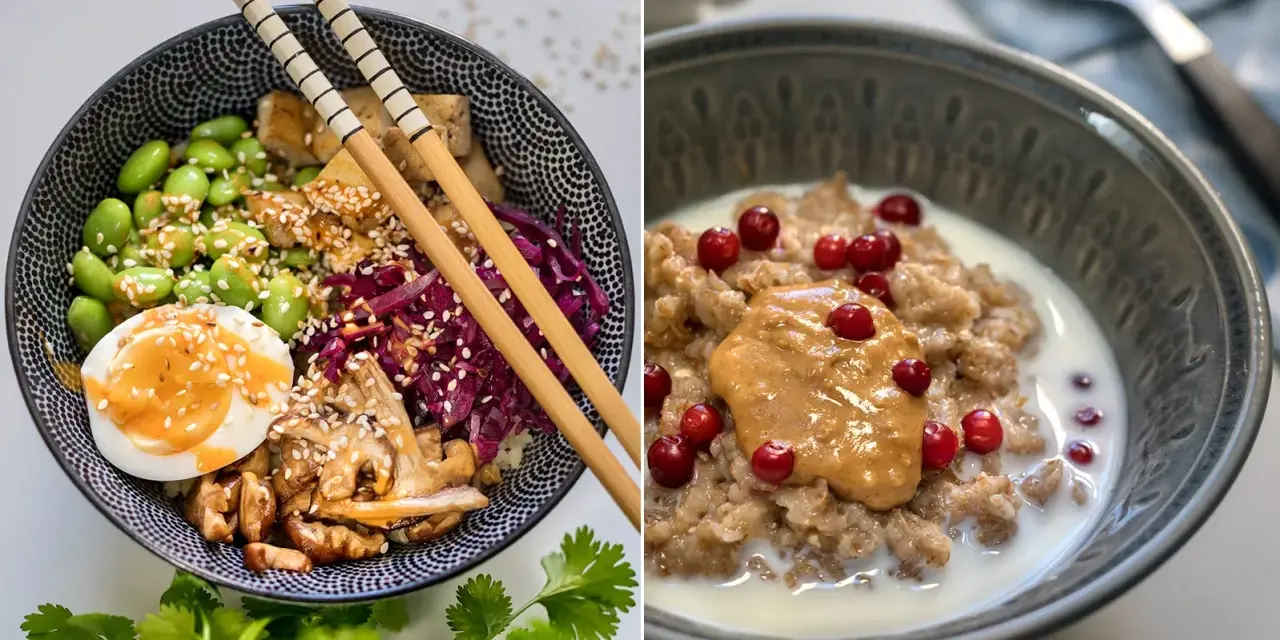 Två skålar med fiberrik mat: en poké bowl med tofu, edamame och ägg, samt gröt med lingon och jordnötssmör.