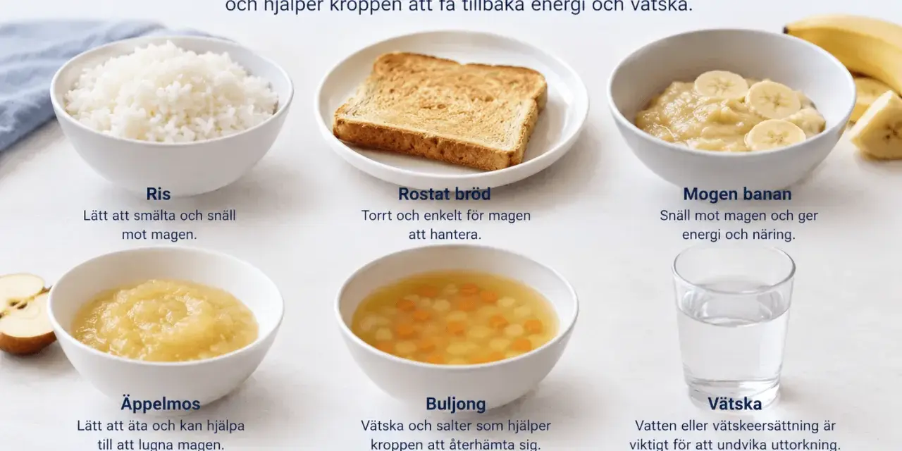 Här är en huskur mot illamående: skonsam mat som ris, rostat bröd, banan, äppelmos och buljong.