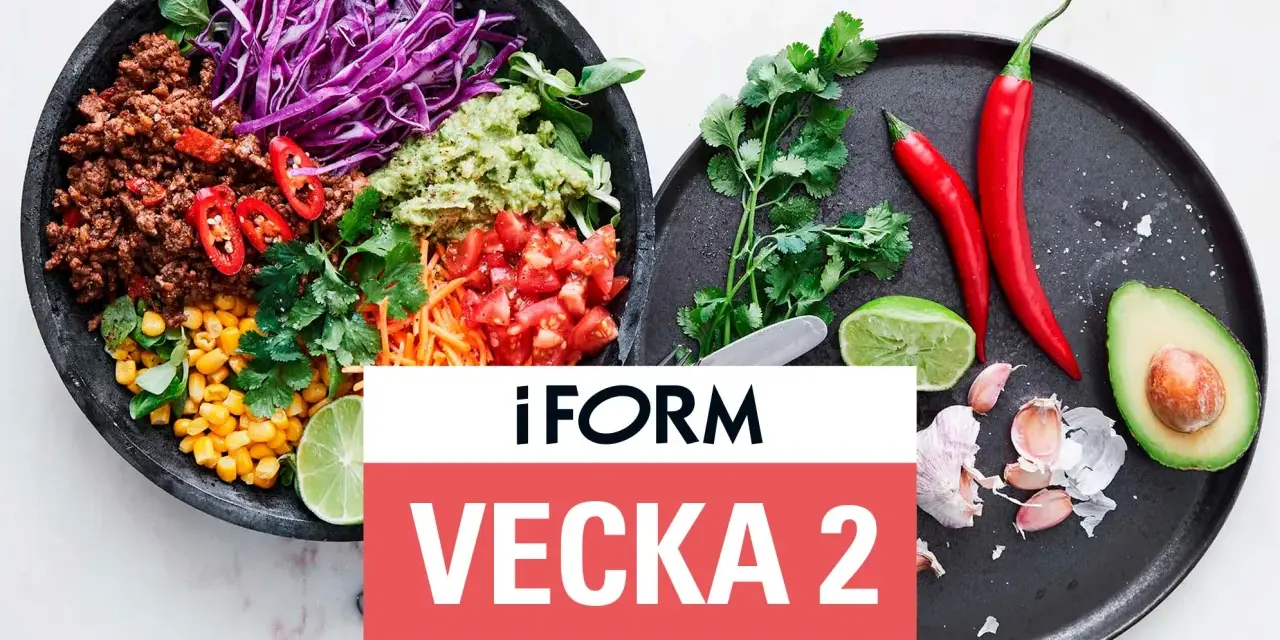 En färgstark bowl med köttfärs, majs, rödkål, tomat, avokado och lime. Text: "iFORM VEcka 2 1500 kcal".