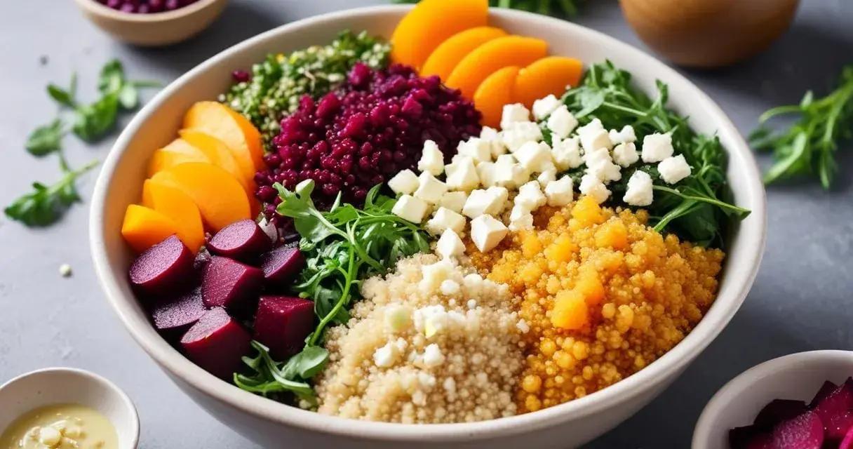 En färgstark bowl med quinoa, rödbetor, aprikoser, fetaost och gröna blad. En näringsrik måltid rik på quinoa kolhydrater.