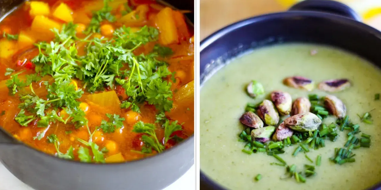 Två läckra vegetariska soppor, en mustig gryta med kikärtor och grönsaker, och en krämig grön soppa med pistagenötter. Perfekt för att gå ner i vikt vegetarian.