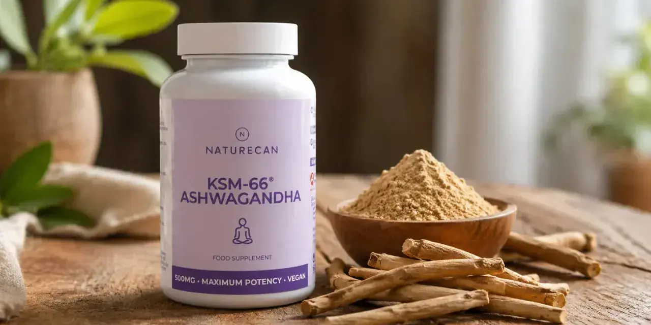 Flaska med KSM-66 Ashwagandha, pulver och rötter. Studier visar på ashwagandhas positiva effekter.
