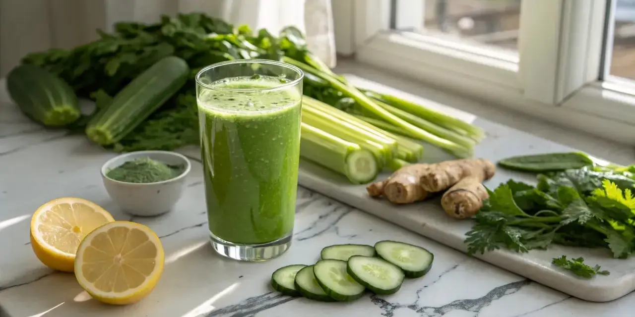Grönt, uppfriskande juiceglas med gurka, selleri, citron och ingefära. Ingredienser för en naturlig detox för en rena levern naturligt.