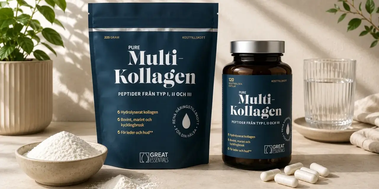 Pure Multi-Kollagen med peptider från typ I, II och III. Innehåller hydrolyserat kollagen från nöt, fisk och kycklingbrosk för leder och hud. Kollagen typ 3 är en viktig del.