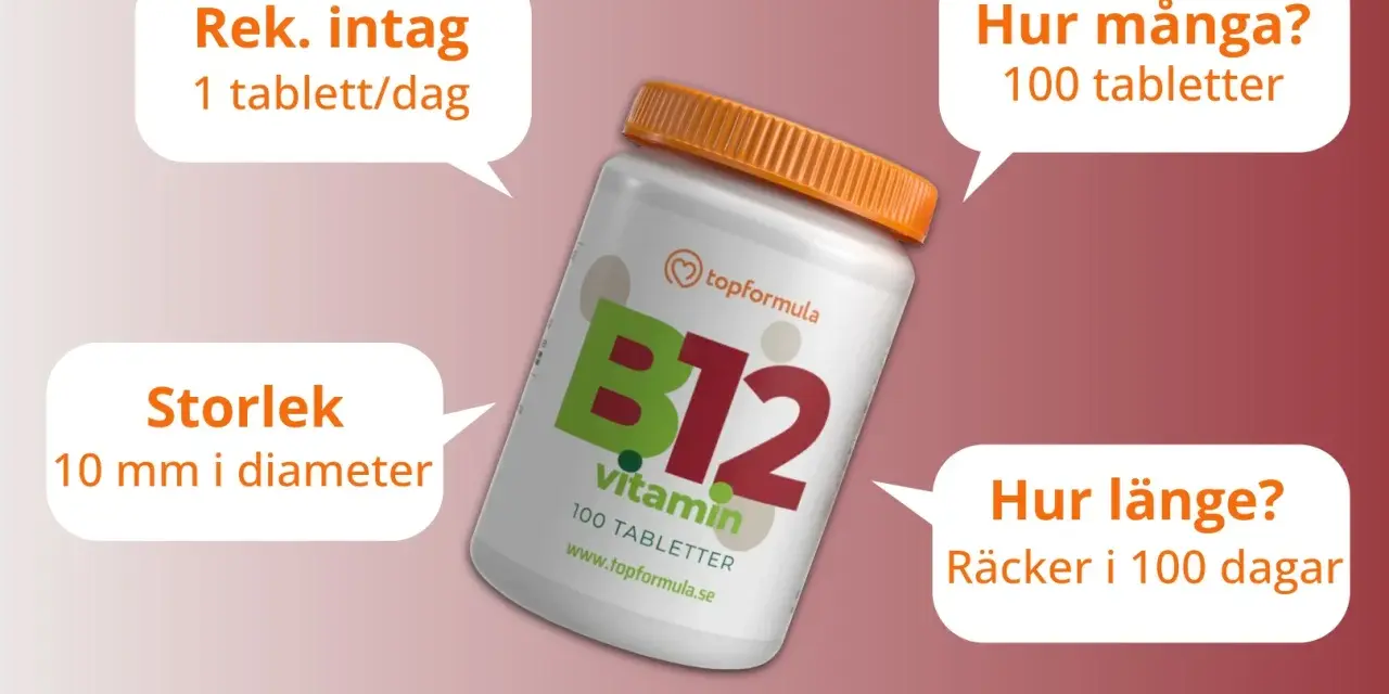 Flaska med B12-vitamin. Rekommenderat intag är 1 tablett/dag, vilket ger svar på hur mycket b12 per dag. 100 tabletter räcker i 100 dagar.