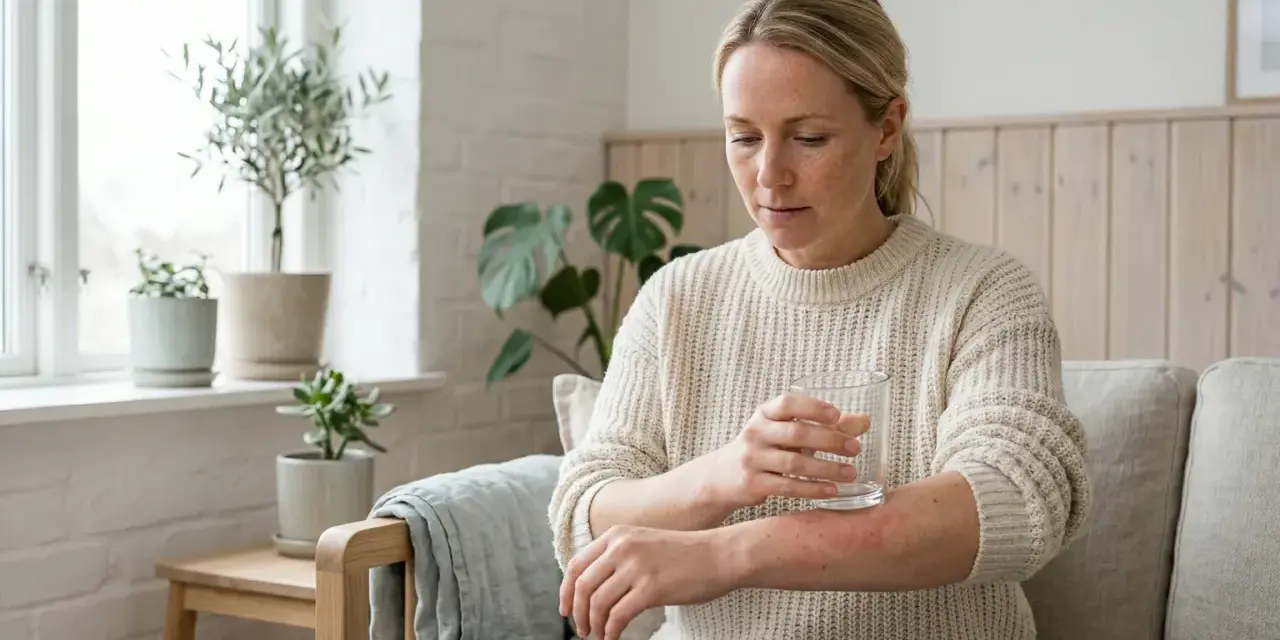 Kvinna med utslag på armen, som kan vara ett av sepsis symtom, håller ett glas vatten.