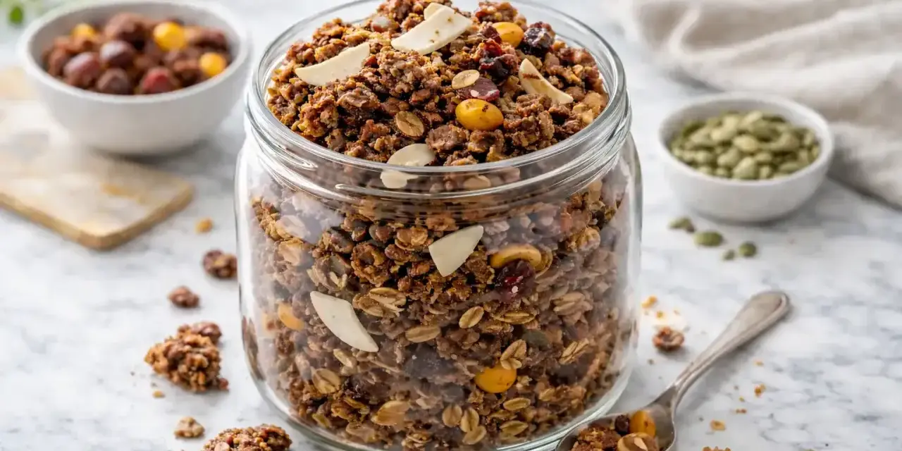 En burk fylld med hemmagjord crunchy granola, med nötter, frön och torkad frukt. En sked med granola ligger bredvid.