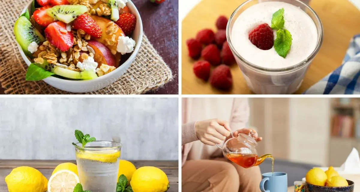 Frukostskål med bär och nötter, smoothie, citronvatten och te. Hälsosamma val för att minska sockersug.