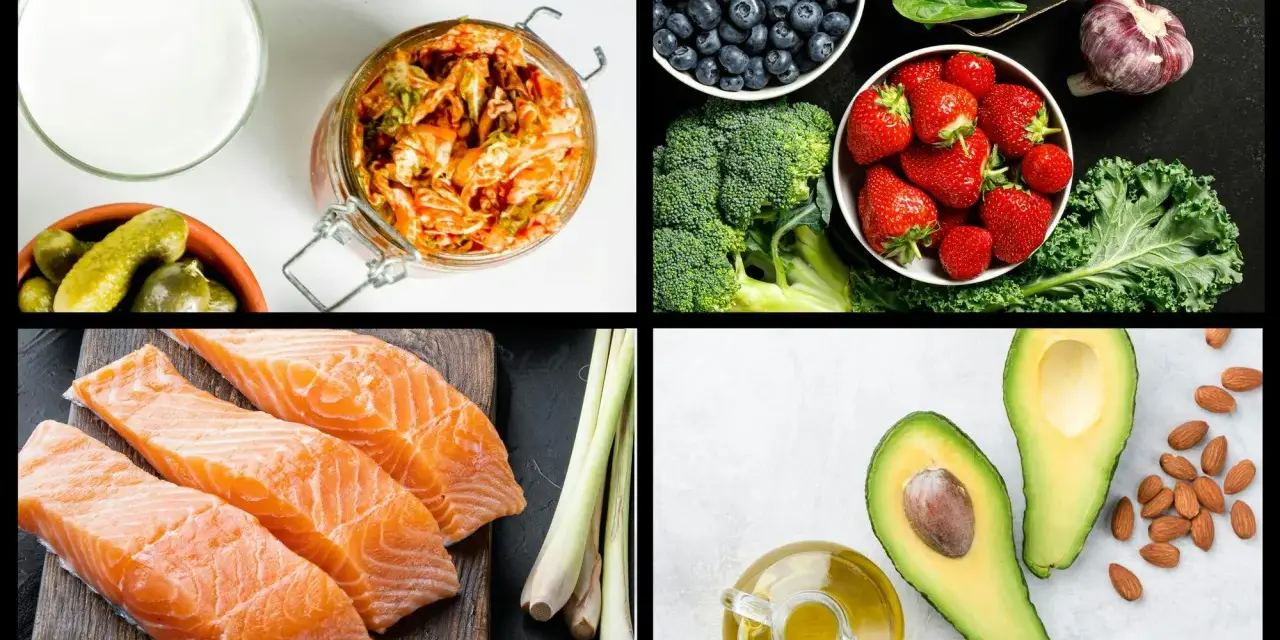 En samling livsmedel som utgör grunden för antiinflammatorisk kost: lax, bär, grönsaker, nötter och hälsosamma fetter.