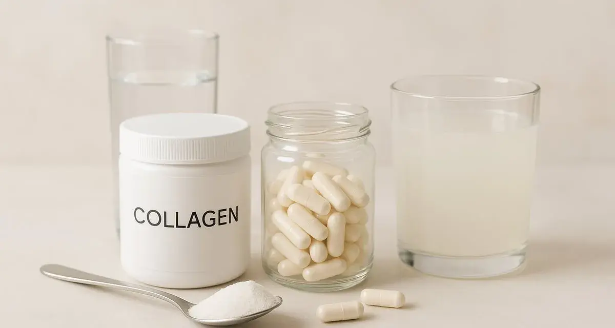 En burk med kollagenpulver, en sked med pulver, en burk med kollagenkapslar och ett glas med kollagendryck. Allt för en stark mage.