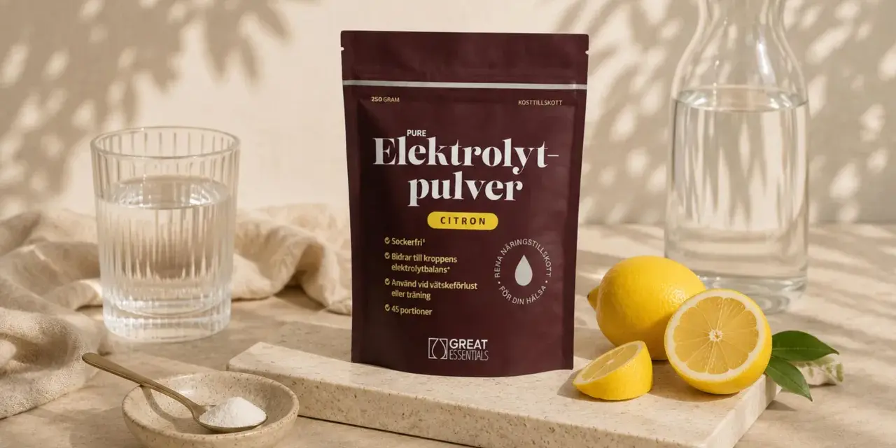 En påse elektrolytpulver med citron, bredvid färska citroner, ett glas vatten och en skål med pulver. Perfekt för att motverka elektrolytbrist.