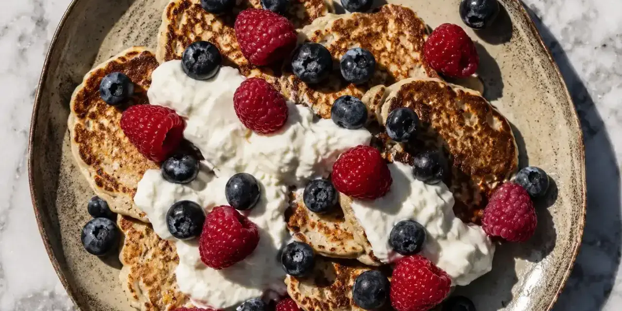 Proteinpannkakor recept: fluffiga pannkakor toppade med grädde, hallon och blåbär. En perfekt start på dagen!