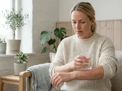 Kvinna med utslag på armen, som kan vara ett av sepsis symtom, håller ett glas vatten.