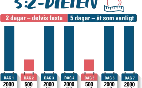 5:2-dieten: 2 dagar med 500 kcal, 5 dagar normalt. Diagram visar kaloriintag per dag.