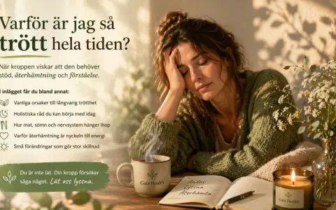 Kvinna med trötthetssymptom, en kopp te och en bok om återhämtning. Lär dig hur du får mer bra energi.