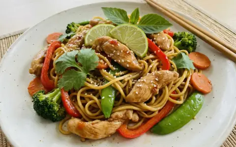 En läcker kycklingwok med vitkål, nudlar, broccoli, morötter, paprika och sockerärtor, toppad med sesamfrön och lime.