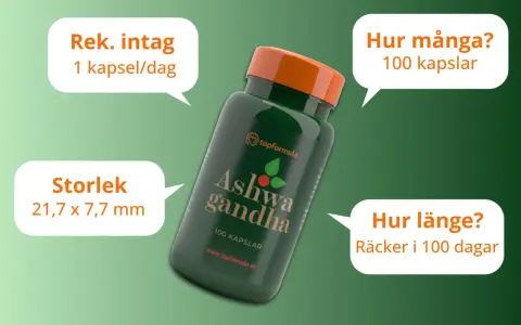 En flaska Ashwagandha med 100 kapslar. Rekommenderat intag är 1 kapsel/dag, vilket räcker i 100 dagar. Frågan "hur mycket ashwagandha per dag" besvaras med 1 kapsel.