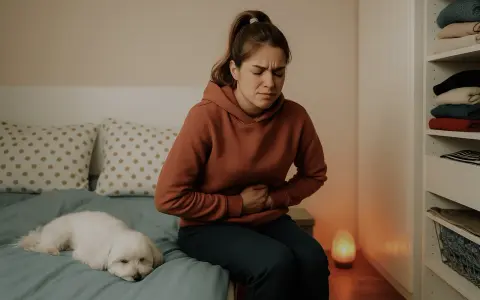 En ung kvinna sitter på sängen med ett **sug i magen**, hennes lilla vita hund vilar bredvid.