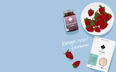 Kollagen, livsstil & hormoner. Pureness Kollagen Beauty-kapslar och kollagenpulver, med jordgubbar. Vad innehåller kollagen? Detta är ett kosttillskott för hud, hår och naglar.
