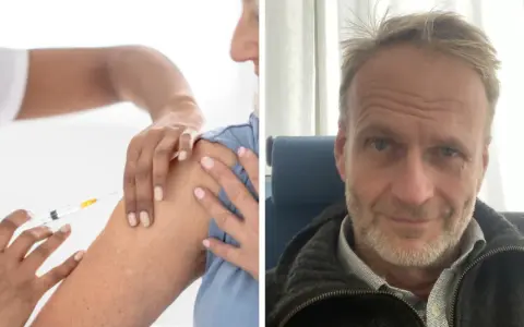 En person får ett mrna vaccin i armen. Till höger en man som ler mot kameran.