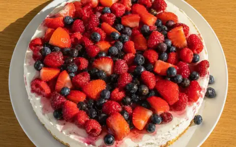 En vacker och nyttig cheesecake toppad med färska jordgubbar, hallon och blåbär. En härlig sommardessert!