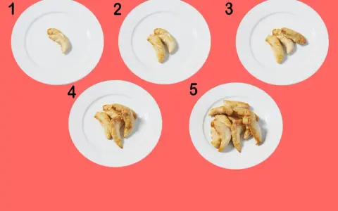 Fem tallrikar med ökande mängd kycklingbitar, från en till flera. En visuell guide för att förstå kyckling kalorier i olika portionsstorlekar.