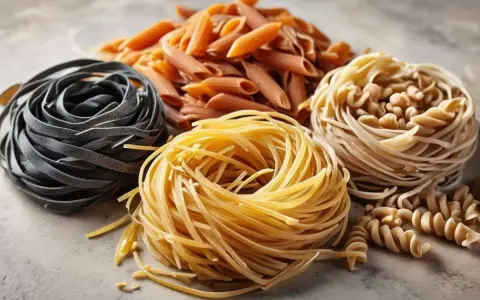 En hög med olika sorters pasta: svarta tagliatelle, gyllene tagliatelle, penne och fusilli. En härlig blandning som visar vad som kan finnas i pasta.