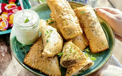 En tallrik med gyllene piroger, perfekta som mellanmål för barn. Serveras med en klick krämig dipp och färska örter.